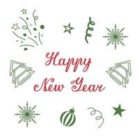 Congratulatory inscription with toys, snowflakes and fireworks for the New Year. template with winter text for packaging, postcards and posters. Calligraphic text with Happy New Year. vector