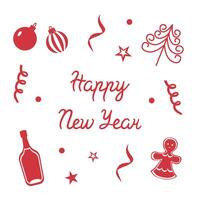 Greeting card with toys, confetti and sparkling wine for the New Year. template with text for packaging, postcards and posters. Calligraphic inscription with Happy New Year. vector