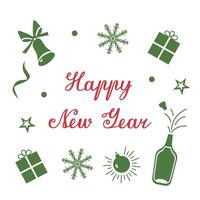 Congratulatory inscription with bells, gifts and snowflakes for the New Year. template with text for packaging, postcards and posters for the winter holidays. Calligraphic text with a Happy New Year. vector