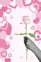 Trendy halftone collage. Postcard in halftone collage style for Valentine's Day and March 8. Image of a hand with a rose surrounded by hearts. Trendy retro collage from the 80's. vector