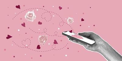 Trendy halftone collage. Image of halftone hand with phone and greetings flying out of the phone. Postcard in collage style for Valentines Day, March 8. Trendy retro collage from the 80s. vector