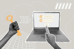Fashionable halftone collage. Account security concept, digital privacy,digital privacy,high security, cybersecurity. Hand with strong account key. Trendy modern retro illustration in mixed technique. vector
