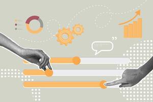 Trendy halftone collage. Business concept, SEO and online services customization, marketing campaigns dashboard, efficiency improvement, application development. Slider interface to optimize system vector
