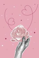 Trendy halftone collage. Postcard in collage style for Valentines Day, March 8. Image of hand with halftone rose. Fashionable retro collage from 80s in mixed technique. vector