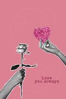 Trendy halftone collage. Postcard in collage style for Valentines Day, March 8. Image of a hand with a rose and a hand with a heart made of glitter. Trendy retro collage from the 80s vector