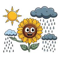 Happy Sunflower with Sun and Rain Clouds Whimsical Design Bright Sunflower in Mixed Weather Cartoon Style Image Sunflower with Sun Clouds and Rain vector