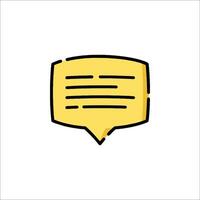 A yellow speech bubble icon with a text box vector