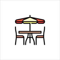 A restaurant table and chairs under an umbrella vector