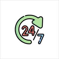 A 24 7 logo with a clock and arrow pointing to it vector
