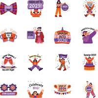 Bundle of Flat Style New Year Celebration Stickers vector