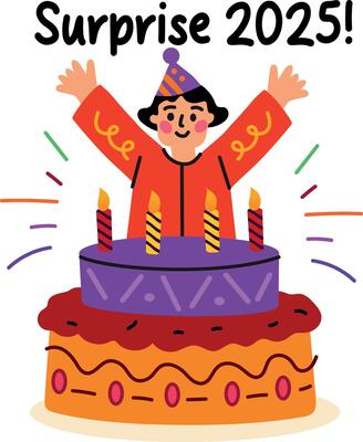 A flat sticker of a cake with surprise 2025 typography