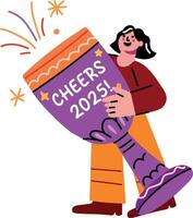 A flat sticker of a character holding a big glass with cheers 2025 typography vector