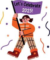 A flat sticker of a character holding flag written lets celebrate 2025 vector