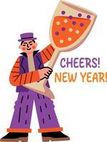 A flat sticker of a character holding a large glass with new year cheers typography vector