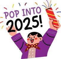 A flat sticker of a character holding party popper with pop into 2025 typography vector
