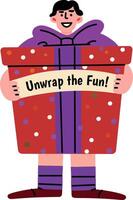 A flat sticker of a character holding a big gift with unwrap fun typography vector