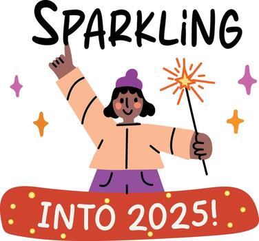A flat sticker of a happy character with sparkling into 2025 typography vector