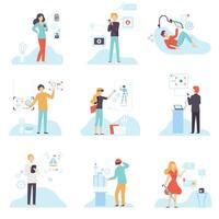 People Using Hi Tech Technologies Set, Smartphones, Gadgets with Biometric Scanning Identification, VR Goggles Headsets Illustration vector