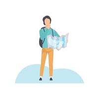 Young Man with Backpack Standing and Exploring Terrain on Map Illustration vector