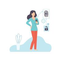 Young Woman Using Gadget with Biometric Scanning Technology, Biometric Identification Illustration vector