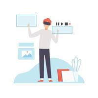 Man in VR Goggle Headset, Helmet Working with Touching Virtual Reality Interface, Modern Virtual Technologies, Innovative Gadget Illustration vector
