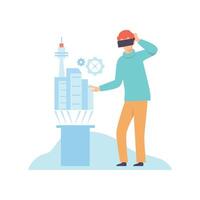 Man in VR Glasses Headset Using Touching Virtual Reality Interface, Modern Virtual Technologies, Innovative Gadget Illustration vector