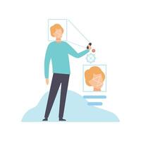 Facial Recognition Technology, Man Using Gadget with Biometric Scanning Identification Illustration vector