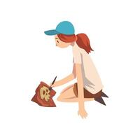 Female Archaeologist Sitting on Ground and Sweeping Dirt from Bones of Skeleton Using Brush, Paleontology Scientist Working on Excavations Illustration vector