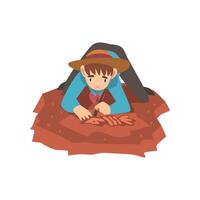 Male Archaeologist Lying on Ground and Sweeping Dirt from Bones of Skeleton Using Small Brush, Paleontology Scientist Working on Excavations Illustration vector