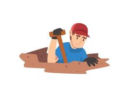 Male Archaeologist Digging Soil Layers, Scientist Working on Excavations Illustration vector