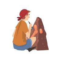 Male Archaeologist Sitting on Ground and Sweeping Dirt from Bones of Skeleton Using Brush, Paleontology Scientist Working on Excavations Illustration vector