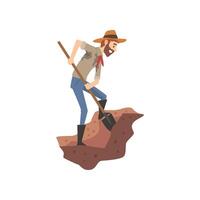 Male Archaeologist Digging Soil with Shovel, Scientist Working on Excavations Illustration vector