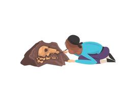 Female Archaeologist Sweeping Dirt from Bones of Skeleton Using Brush, Paleontology Scientist Working on Excavations Illustration vector