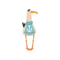 Seagull Sailor, Funny Bird Cartoon Character Wearing Blue Sweater with Anchor, Front View Illustration vector