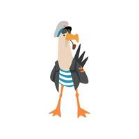 Seagull Sailor Smoking Pipe, Funny Bird Cartoon Character in Blue White Vest, Black Jacket and Captaine Cap, Front View Illustration vector