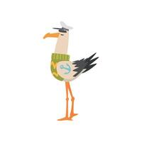 Seagull Sailor, Funny Bird Cartoon Character in Captain Cap, Side View Illustration vector