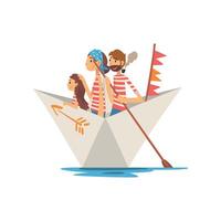 Father, Mother and Little Daughter in Red White Striped T-Shirts Boating on River, Lake or Pond, Family Paper Boat Illustration vector