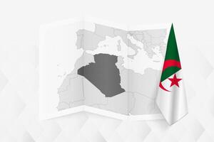A grayscale map of Algeria with a hanging Algerian flag on one side. Map for many types of news. vector