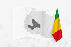 A grayscale map of Mali with a hanging Malian flag on one side. Map for many types of news. vector