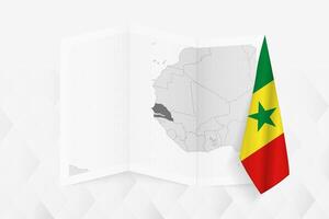 A grayscale map of Senegal with a hanging Senegalese flag on one side. Map for many types of news. vector