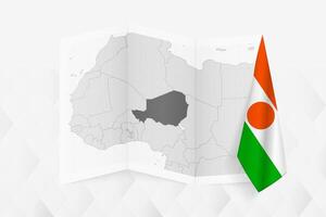 A grayscale map of Niger with a hanging Nigerien flag on one side. Map for many types of news. vector