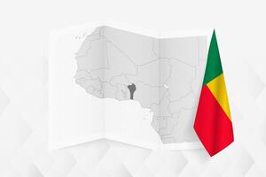 A grayscale map of Benin with a hanging Beninese flag on one side. Map for many types of news. vector