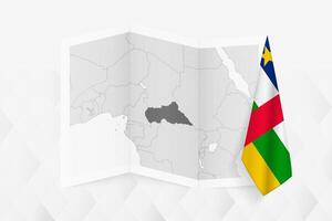 A grayscale map of Central African Republic with a hanging Central African flag on one side. Map for many types of news. vector