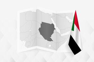 A grayscale map of Sudan with a hanging Sudanese flag on one side. Map for many types of news. vector