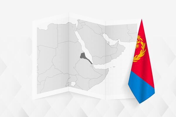 A grayscale map of Eritrea with a hanging Eritrean flag on one side. Map for many types of news.