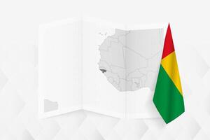 A grayscale map of Guinea-Bissau with a hanging Guinea-Bissauan flag on one side. Map for many types of news. vector