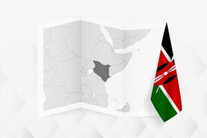 A grayscale map of Kenya with a hanging Kenyan flag on one side. Map for many types of news. vector