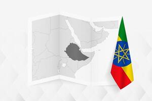 A grayscale map of Ethiopia with a hanging Ethiopian flag on one side. Map for many types of news. vector