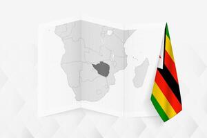 A grayscale map of Zimbabwe with a hanging Zimbabwean flag on one side. Map for many types of news. vector