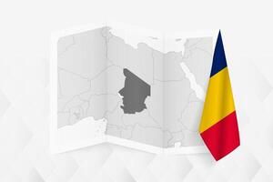 A grayscale map of Chad with a hanging Chadian flag on one side. Map for many types of news. vector